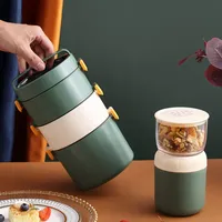 300 + 400ml 2-in-1-Lunch-Topf Joghurtbecher, Isolierter Joghurtbehälter Mit Deckel Und Löffel, Auslaufsicher Suppenbehälter Für Arbeit, Schule, Reisen, 18,5 * 10 Cm(Grün)