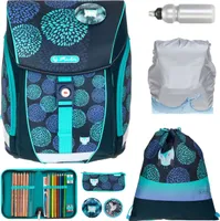 Schulranzenset für Mädchen Herlitz Filo Light Plus 8 Teile Ranzen  Mega Set Schultasche Mappe für die Grundschule 1. - 4- Klasse mit Regenhülle Trinkflasche 50037889 Flower Owl Türkis Blau +rf