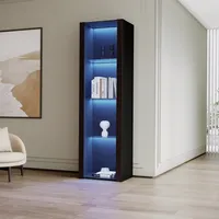 okwish Vitrinen Sideboard mit 3 Glasfächer für Badezimmer, Wohnzimmer, Küche, Hochschrank, Vitrinenschrank, Standschrank mit LED-Beleuchtung, Schwarz