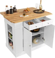 KOMFOTTEU wyspa kuchenna z wysuwanym blatem, drewniana szafka kuchenna z szufladami, półkami bocznymi i 2 szafkami drzwiowymi, 120x61x92cm (biała)