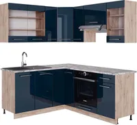 Vicco Eckküche Fame-Line, 160 x 190 cm , AP Marmor, Dunkelblau Hochglanz/Goldkraft Eiche