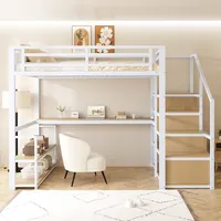 Flieks Etagenbett Metallbett 140x200cm mit Schreibtisch und Regal, Hochbett Jugendbett Kinderbett mit Rausfallschutz, Doppelbett Kinder, Weiß