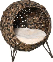 PawHut Katzenhaus aus Rattan mit Kissen Katzenschlafplatz Katzenhöhle mit erhöhten Füßen Braun Ø52 x 58 cm