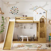 Merax Etagenbett 90x200cm mit Treppe mit Schließfächer, Hochbett mit Rutsche, Kinderbett mit Rausfallschutz, Dach und Fenster, Holzbett Jugendbett