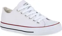 Mytrendshoe Damen Sneakers Sportschuhe Schnürer Schuhe 94237, Farbe: Weiß Rotstreifen Lucky, Größe: 36