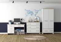 Kinderzimmer-Set Jugendzimmer Kleiderschrank, Kommode, Schreibtisch Weiß/Weiß Seilgriffe Kosmo 03