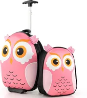 2tlg. Kinderkoffer Set, Kinderkoffer mit Rucksack, Reisekoffer Jungen & Mädchen, Kindergepäck mit Rollen, Kindertrolley Handgepäck Kinder Flugzeug (Rosa-Eule)