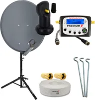 PremiumX Camping Satelliten-Komplettanlage 60cm Satellitenschüssel Single LNB Sat-Finder 10m Kabel F-Stecker Dreibein-Stativ