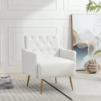Merax čalouněné křeslo s plyšovým potahem Teddy a zlatými kovovými nohami, křeslo s boční kapsou, relaxační křeslo lounge křeslo TV křeslo, bílé