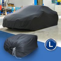 ECD Germany Indoor Car Cover, veľkosť L - 482x178x119 cm, sivá, z elastického mäkkého saténu, priedušný, odpudzujúci prach a nečistoty, plachta na auto Garážový ochranný kryt