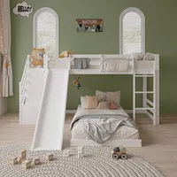 Łóżko piętrowe Fortuna Lai 90x200cm, łóżko na poddaszu ze schodami i zjeżdżalnią, łóżko dziecięce z zabezpieczeniem przed wypadnięciem, łóżko piętrowe z litego drewna z ramą z listew, łóżko do zabawy dla dzieci, białe