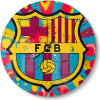DEQORI Glasuhr Ø50 cm Zahlen 'Wappen FC Barcelona' Wanduhr Glas Uhr Design leise Küchenuhr