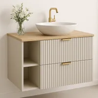 WENA Waschtischunterschrank mit Regal, geriffelte Fronten, 2 Soft Close-Schubladen, mit Holzplatte (Farbe: Kaschmir)