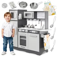 XXL Kinderküche aus Holz mit Backofen, Kühlschrank und LED-Licht, Grau