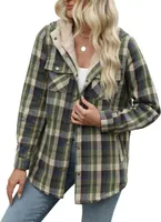ASKSA Damen Jacke Karierte Winterjacke Oversize Langarm Winter Warme Gefuettert mit Kapuze Knoepfen Casual Maentel Jacken (Gruen,XL)