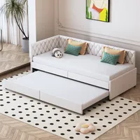 CDGlobal Polsterbett 90x200cm Einzelbettt mit ausziehbarem Unterbett, Massivholzbett mit Lattenrost und Stauraumbett Gästebett Tagesbett, Beige