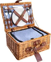 eGenuss Handgefertigtes Picknickkorb für 2 Personen – Kühlfach, Multifunktionsmesser, Edelstahlbesteck, Teller und Weingläser inklusive - Blaues Gingham-Muster