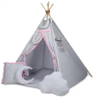 Baby Nellys Stan pre deti Teepee + vybavenie - sivý s ružovými bambuľkami