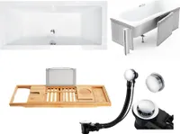 Badewanne Rechteck Set 5in1 170x75 mit Premium Ablaufgarnitur und Füßen GRATIS + Verkleidung (Styropor) + Bambus Holzablage | BADLAND QUADRO