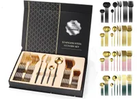 Besteck Set Edelstahl für 6 Personen 24-teiliges Besteckset hochglanzpoliert Spülmaschinenfest Luxury Box, Farben:Schwarz Gold