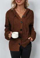 ASKSA Damen Langarm Grobstrickjacke Kordelzug Kurz Strickjacke Herbst Winter Strickmantel mit Kapuze, Karamell, M