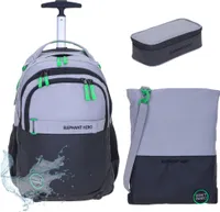 Schultrolley Trolley  3 Teile Set Elephant Hero Signature Schule Tasche Rucksack Trolly + Turnbeutel + Mäppchen 13048 Color Block Grau Grün ttm