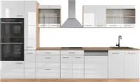 Vicco Küchenzeile R-Line, 350 cm mit Hochschrank, ohne Arbeitsplatte, Weiß Hochglanz/Goldkraft Eiche
