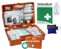 Erste-Hilfe-Koffer M2 PLUS für Betriebe mit aktueller DIN/EN 13157 & DIN/EN 13164 + Notfallbeatmungshilfe, perforiertem Verbandbuch & Hygiene-Gel