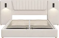 Polsterbett 180x200cm Doppelbett（Ohne Matratze）Beige Samt Hydraulisches Stauraumbett Extralanger Rückenlehne mit Leselampe und USB-Ladeanschluss