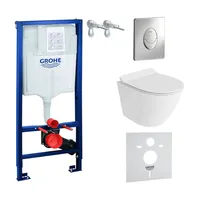 GROHE Vorwandelement Solido Start + Wand Hänge WC Sogo Slim Weiß Spülrandlos + WC-Sitz SoftClose | Verchromter Knopf | Komplettset | Unterputz Spülkasten |  Toilette Komplett Sett