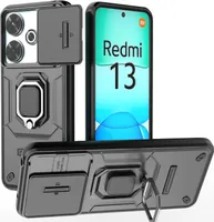 Hülle für Xiaomi Redmi 13 Dual Layer Handyhülle Schiebe Kamera Schutz und Ringhalter Ständer Schwarz