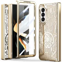 Pouzdro na Samsung Galaxy Z Fold 5 luxusní galvanizované pouzdro s ochranou pantu a průhledným krytem s fólií na displej Zlato