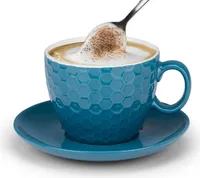 Cappuccino-Tassen Set 8 tlg., Keramik Tasse mit Untertasse, Volumen je 200 ml, blau