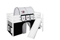 Spielbett JELLE 90 x 200 cm Pirat Schwarz Weiß - Hochbett LILOKIDS - Weiß - mit schräger Rutsche und Vorhang