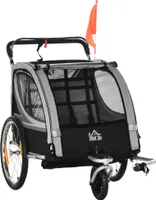 HOMCOM 2 in 1 Kinderanhänger klappbar Fahrradanhänger mit abnehmbarem Vorderrad, Hinterradbremsen, Kinderfahrradanhänger für 2 Kinder ab 18 Monate, bis 26,4 kg belastbar, Grau