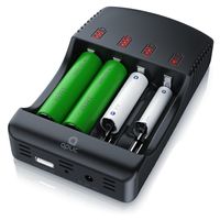 Aplic Batterie-Ladegerät 2000 mA, Universal Akku Ladegerät mit USB Powerbankfunktion, 4x Aufladeschächte
