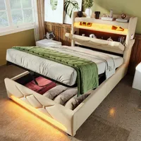 Flieks Polsterbett 90x200cm mit USB & Type-C, Hydraulisches Stauraumbett Boxspringbett mit LED, Einzelbett Holzbett mit Stauraumkopfteil, Leinen Beige