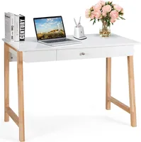 Biurko komputerowe z 1 drewnianą szufladą, duży blat, nogi z litego drewna, idealne do gabinetu i biura, nowoczesny styl, 106,5 x 50 x 75,5 cm (naturalne)