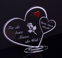 Acryl Schild in Herz Form "Für die beste Mama der Welt" Perfekt zu Muttertag oder Weihnachten, mit Lasergravur, Geschenk, 205 mm x 170 mm