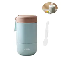 Müslibecher mit Biegbarer Edelstahllöffel Müslischale Jogurthbecher To Go Becher, Lunchpot, Lunchbox, Doppellagige Suppentasse aus Edelstahl, 18,5 x 9,5 cm