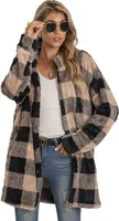 ASKSA Damen Plüsch Plaid Strickjacke Jacke Knöpfen Langarm Front Open Cardigan mit Taschen, Khaki, L