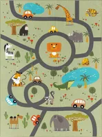 Teppich Kinderzimmer Kinderteppich Tiere Autos Grün