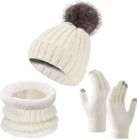 Winter Beanie Mütze Handschuhe Schal Set Fäustlinge Strick Halswärmer Warm Fleecefutter