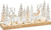 Hirsch Winterwald Adventsgesteck aus Holz/Metall/Glas 33 cm