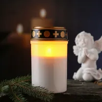 LED Grablicht - Grabkerze - gelb flackernde Flamme - H: 12,5cm - Timer- für Außen - weiß mit Deckel