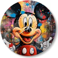 DEQOART Glasuhr Ø50 cm Zahlen 'Mickey im Farbenzauber' Wanduhr Glas Uhr Design leise Küchenuhr