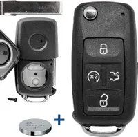 Auto Klapp Schlüssel Gehäuse kompatibel mit VW SEAT SKODA 4 Tasten Fernbedienung + Batterie