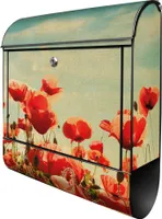 banjado Design Briefkasten Stahl schwarz mit Zeitungsfach pulverbeschichtet "Oktobermohn" 38x46x12,5cm & 2 Schlüssel - Postkasten A4 Einwurf inkl. Montagematerial [BKSCH 10753]
