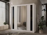 200 cm breit Kleiderschrank Sevilla mit Spiegel Garderobenschrank mit Schubladen und Schiebetüren weiß Schrank mit Dekoration aus Möbelglas, Farbe: Weiß, Hochglanz: Schwarz