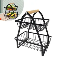 NAIZY 2 Stöckig Obst Etagere Metall Obstschale,Abnehmbar Obst Halter Küche Ablagekorb,mit Holzgriff Ablagekorb,Gemüsegestell, Obst Gemüse Brot Snacks Korb, Schwarz